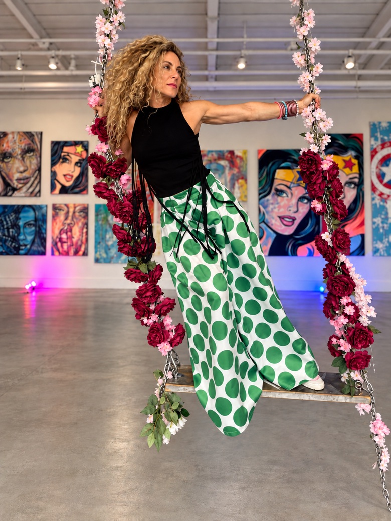 Jessica on a flower-covered swing in her gallery, pop portraits on the wall behind